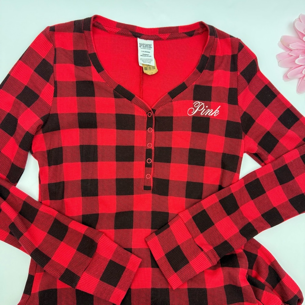 PINK Victoria’s Secret Thermal Sleep Onesie Buffalo Check Plaid Red Black - Picture 3 of 8